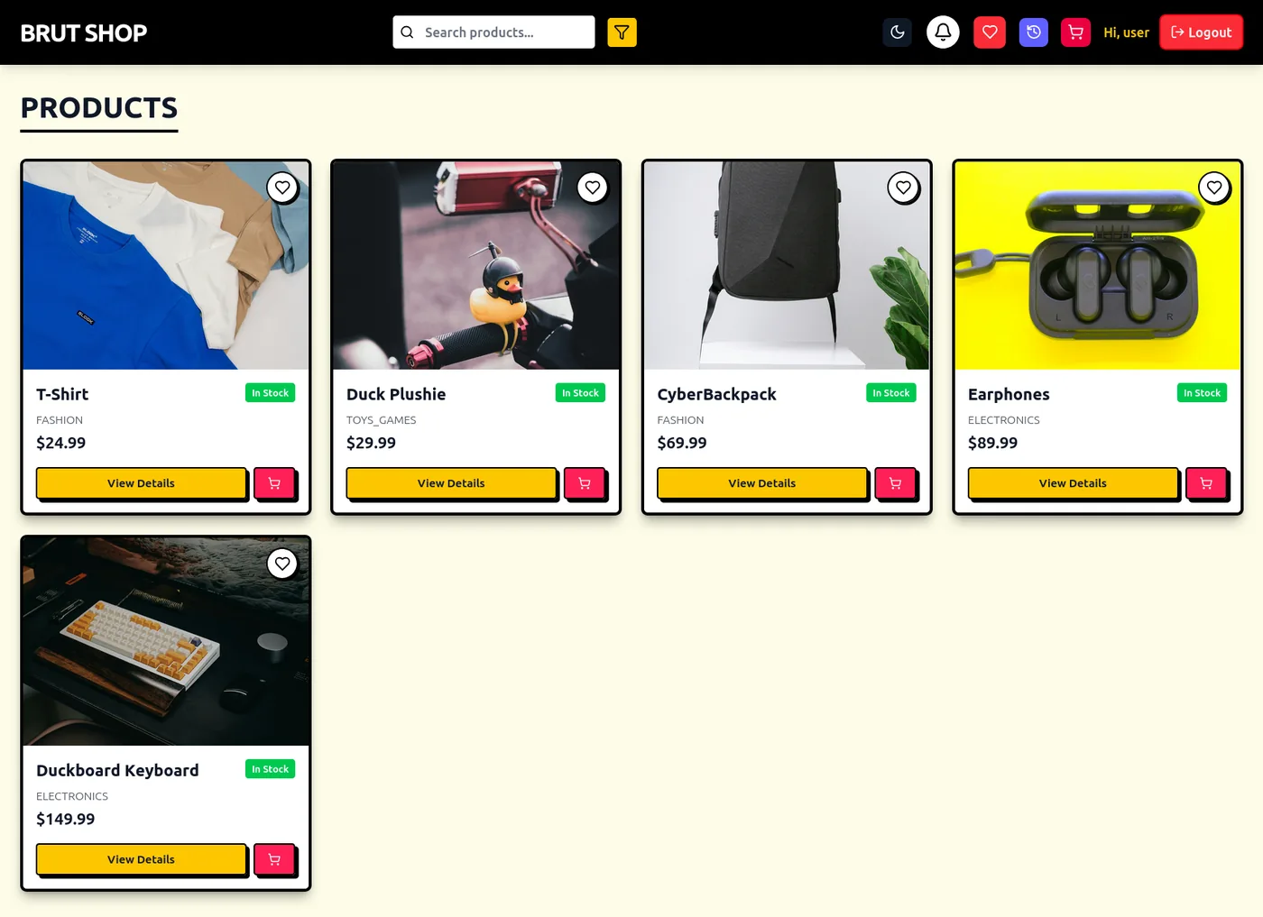 BrutShop product grid in a neo-brutalist style